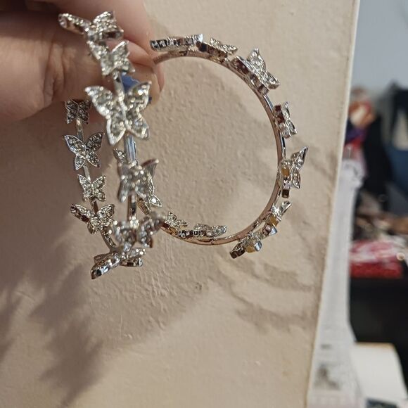 Silver Diamond Butterfly Hoop Earrings - Picture 9 of 9